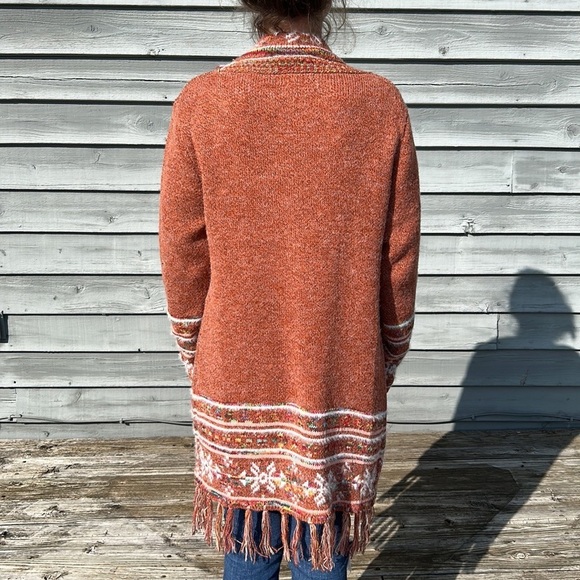 Adora Rust Orange Open Front Boho Tribal‎ Aztec Fringe Cardigan Sweater Size S/M - Picture 3 of 8